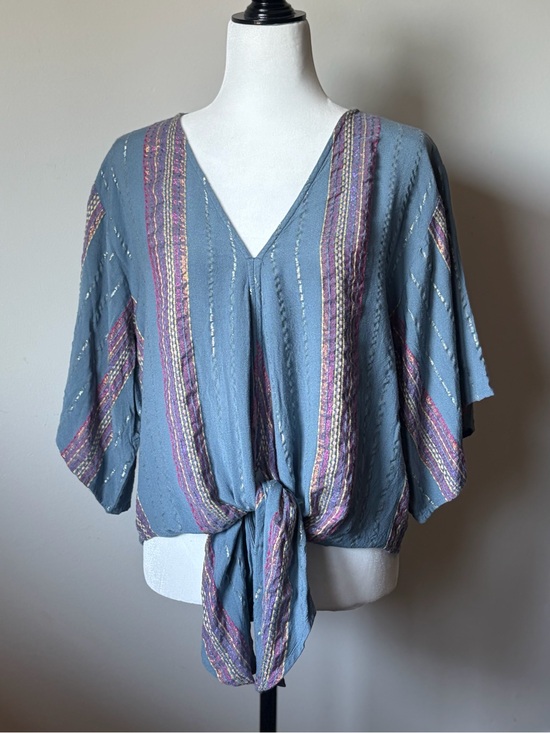 lovestitch Tops - Lovestitch Blue Metallic Stripe Front-Tie Blouse - size Large - boho woven top